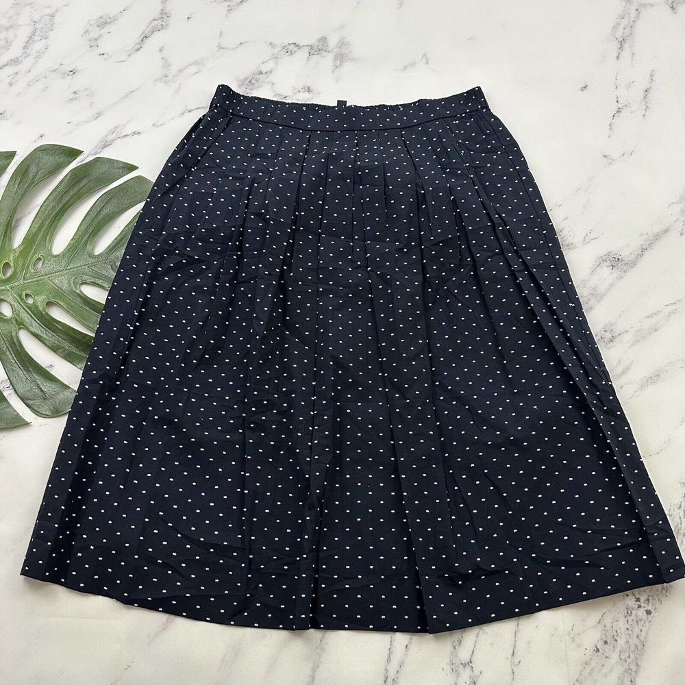 J.Crew Clip Swiss Dot Midi Skirt Size L New Navy Blue Pleated Pockets Retro